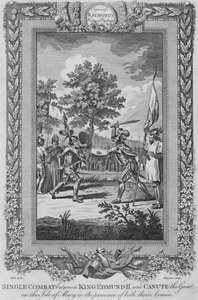 Yksittäistastelu kuningas Edmund II:n ja Kanuutin Suuren välillä Abneyn saarella, 1787 tekijältä Unbekannt