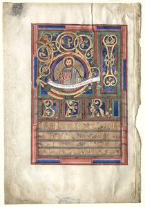 Yksi lehti irrotettu evankeliumikirjasta, jossa on alkuperäinen L[iber Generation]: St. Matthew verso, c1190 tekijältä Unbekannt