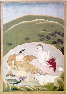 Siva ja Parvati lastensa kanssa, Ganesh ja Karttikgya Kailash-vuorella, c1745 tekijältä Unbekannt