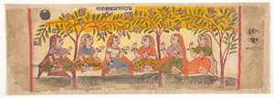 Kuusi gopia istuu puiden alla: Sivu hajallaan olevasta Bhagavata Puranasta...1600-10. tekijältä Unbekannt