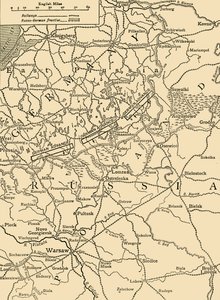 Luonnoskartta havainnollistamaan Saksan hyökkäystä Varsovan pohjoispuolella helmikuussa 1915, vuonna 1920. tekijältä Unbekannt