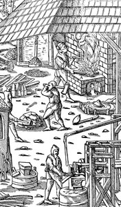 Raudan sulatus ja vasaratangot mekaanisella vasaralla, 1556 tekijältä Unbekannt