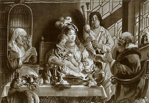 Sopraano nokkahuilut ja säkkipilli, Jacobus Jordaensin suunnittelema Brysselin gobelini, 1948 tekijältä Unbekannt