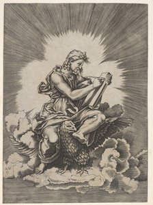 Pyhä Johannes, istuu ja pitää kirjoitusvälinettä taulua vasten, kotka ulokkeella..., vuoden 1518 jälkeen. tekijältä Unbekannt