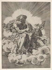 Pyhä Matteus istuu pilven päällä jalat ristissä ja upottaa sulkakynän mustesäiliöön..., vuoden 1518 jälkeen. tekijältä Unbekannt