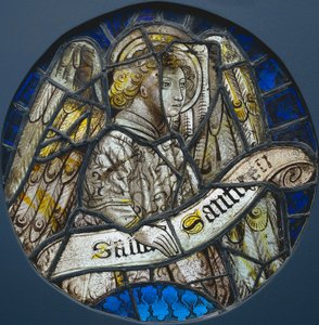 Lasimaalaus, jossa enkeli pitelee kirjakääröä, n. 1425-1450. tekijältä Unbekannt