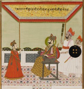 Surat Singh istuu leijonakätisellä valtaistuimella ja ottaa vastaan nuoren poikansa, c1800 tekijältä Unbekannt