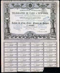 Telegraphy, General Paris-New York Telegraphin osaketodistus, 27. maaliskuuta 1879 tekijältä Unbekannt