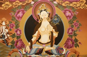 Thangka, joka kuvaa valkoista Tara-jumalattarta, buddhalaista pitkän iän symbolia, Bhaktapur, Nepal