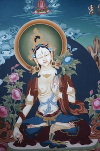 Thangka, joka kuvaa valkoista Tara-jumalattarta, buddhalaista pitkän iän symbolia, Bhaktapur, Nepal
