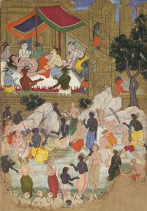 Kumbhakarnan herääminen Lankan kultaisessa kaupungissa, Folio Ramayanasta, n. 1605. tekijältä Unbekannt