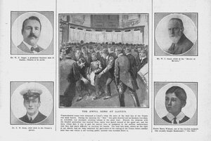 The Awful News Lloydsissa, joissa on muotokuvia joistakin Titanicin kyydissä olevista, 20. huhtikuuta 1912. tekijältä Unbekannt
