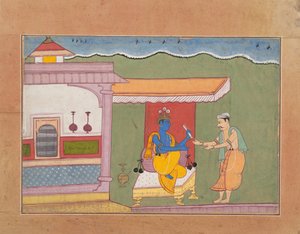 Brahmin toimittaa Rukminis-kirjeen Krishnalle...hajallaan olevasta Bhagavata Puranalta..., n. 1610. tekijältä Unbekannt