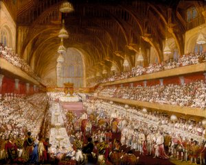 "Kuningas George IV:n kruunausjuhla Westminster Hallissa", 1821 tekijältä Unbekannt