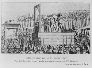Ludvig XVI:n teloitus Place de la Revolutionissa 21. tammikuuta 1793, n. 1793 tekijältä Unbekannt