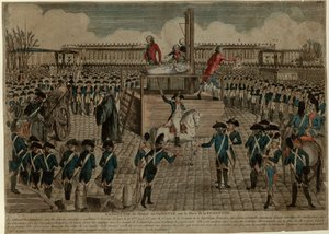 Marie Antoinetten teloitus Place de la Revolutionilla 16. lokakuuta 1793, n. 1793. tekijältä Unbekannt