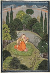 Sankaritar, joka odottaa innokkaasti poissa olevaa rakastajaansa Utka Nayika, c. 1760-1765. tekijältä Unbekannt