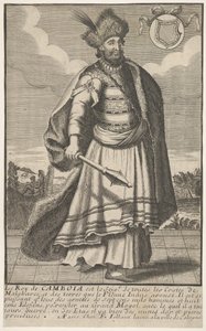 Kambodžan kuningas seisomassa valtikka oikeassa kädessään, n. 1670-1700. tekijältä Unbekannt