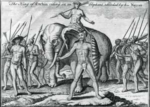 Cochinin kuningas ratsastaa norsulla, mukana hänen Nayros, n. 1745 tekijältä Unbekannt