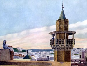 Muezzin minareetissaan kutsumassa uskollisia rukoukseen, 1926 tekijältä Unbekannt