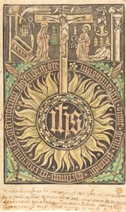 Pyhä monografia ristiinnaulitsemisen ja kärsimyksen symboleilla [recto], vuonna 1470 tai sen jälkeen. tekijältä Unbekannt