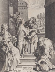Vierailu, Neitsyt ja Pyhä Elisabet halaavat keskellä, reunustaa muita..., 1589. tekijältä Unbekannt