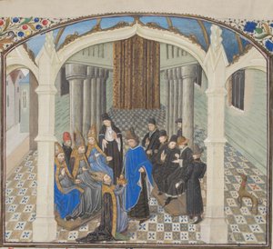 Baldwin II:n kruunaus vuonna 1118. Pienoiskuva Historiasta, William of Tyre, 1460-luku tekijältä Unbekannt