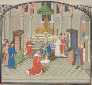 Baldwin I:n kruunaus joulupäivänä 1100. Pienoiskuva Historiasta, William of Tyre, 1460-luku tekijältä Unbekannt