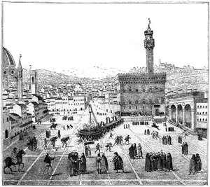Girolamo Savonarolan teloitus Piazza Della Signorialla, Firenzessä, 1882 tekijältä Unbekannt