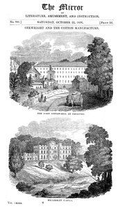 Ensimmäinen puuvillatehdas Cromfordissa, Derbyshiressä, ja Richard Arkwrightsin talo, 1836 tekijältä Unbekannt
