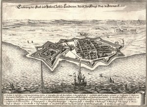 Ruotsin Landskronan linnoitukset, jotka tanskalaiset valtasivat Scanian sodassa, 1676 tekijältä Unbekannt