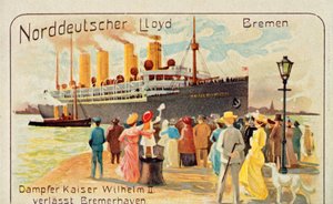 Jättiläinen SS Kaiser Wilhelm II vetäytyy pois laiturilta Bremerhavenissa, Saksassa, 1905. tekijältä Unbekannt