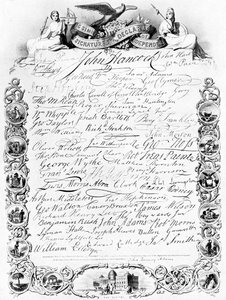 Allekirjoitukset Yhdysvaltain itsenäisyysjulistukselle, c1776, c1920 tekijältä Unbekannt