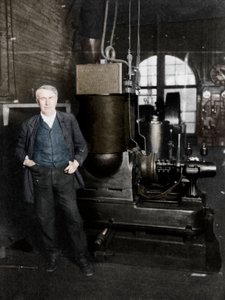 Thomas Alva Edison, amerikkalainen keksijä, ensimmäisellä sähkövalon tuotantodynamollaan, 1880-luku tekijältä Unbekannt