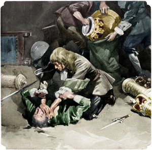 Thomas Blood yritti varastaa kruununjalokiviä Lontoon Towerista vuonna 1671, 1937 tekijältä Unbekannt