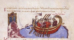 Tuomas Slaavi pakenee arabien luo miniatyyriin Madridin Skylitzeistä, 1000-1100-luvulla tekijältä Unbekannt