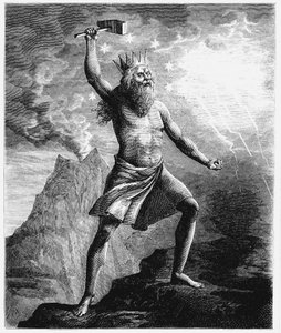 Thor, ukkonen jumala Skandinavian panteonissa vasarallaan heilutellen, 1874 tekijältä Unbekannt