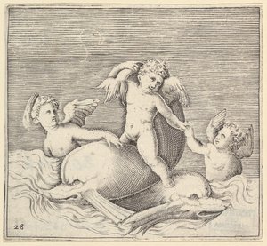 Three Cupids and Two Dolphins, julkaistu n. 1599-1622. tekijältä Unbekannt