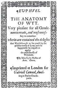 John Lylys Euphues or The Anatomy of Wit, ensimmäinen painos, 1579, 1942, nimisivu. tekijältä Unbekannt