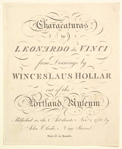 Nimisivu: Leonardo da Vincin Characaturas, Wincelslaus Hollarin piirustuksista, julkaisusta..., 1786. tekijältä Unbekannt
