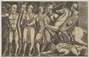 Trajanus taistelee daakia vastaan, Trajanus hevosen selässä oikealla ratsastamassa kohti ryhmää..., n. 1515-1600. tekijältä Unbekannt