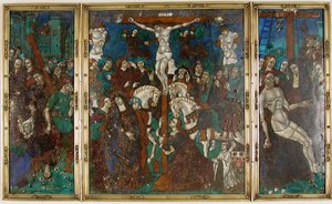 Triptyykki, jossa on tie Golgatalle, ristiinnaulitseminen ja laskeutuminen ristiltä, ranska, 1500-luku. tekijältä Unbekannt