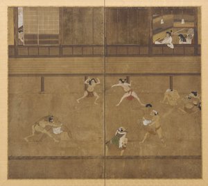 Kaksipaneelinen näyttö, joka kuvaa painijoita, Edo-kausi, 1600-luku. tekijältä Unbekannt