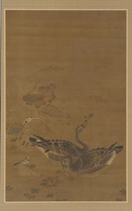 Kaksi hanhetta ruokkimassa lootuslammikossa, Ming-dynastia, 1500-1600-luku. tekijältä Unbekannt