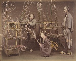 [Kaksi japanilaista miestä ja yksi japanilainen nainen poseeraa kukkivilla oksilla], 1870-luku, tekijältä Unbekannt
