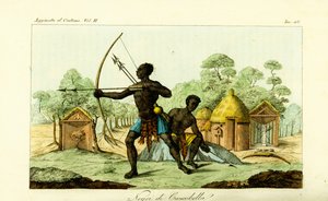Kaksi luanda-miestä Cancobellasta, Angolasta, jousilla ja nuolilla, asuntojen, majojen, pyhien fetissialttareiden jne. edessä tekijältä Unbekannt