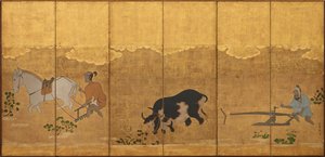 Kaksi maanviljelijää kyntämässä ja äestelemässä riisipeltoa, Edo-kausi, 1615-1868. tekijältä Unbekannt