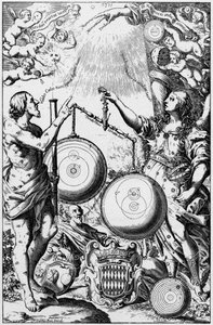 Urania, tähtitieteen museo, universumin järjestelmien punnitseminen ja vertailu, 1651 tekijältä Unbekannt
