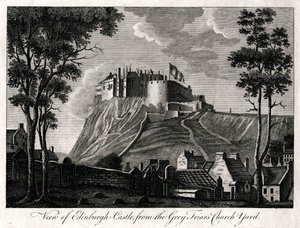 Näkymä Edinburghin linnalle Grey Friars Church Yardista, 1700-luku tekijältä Unbekannt