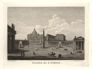 Näkymä Pyhän Pietarin aukiolle, Piazza di S. Pietrolle, Pietarinkirkolle ja muinaiselle egyptiläiselle obeliskille tekijältä Unbekannt